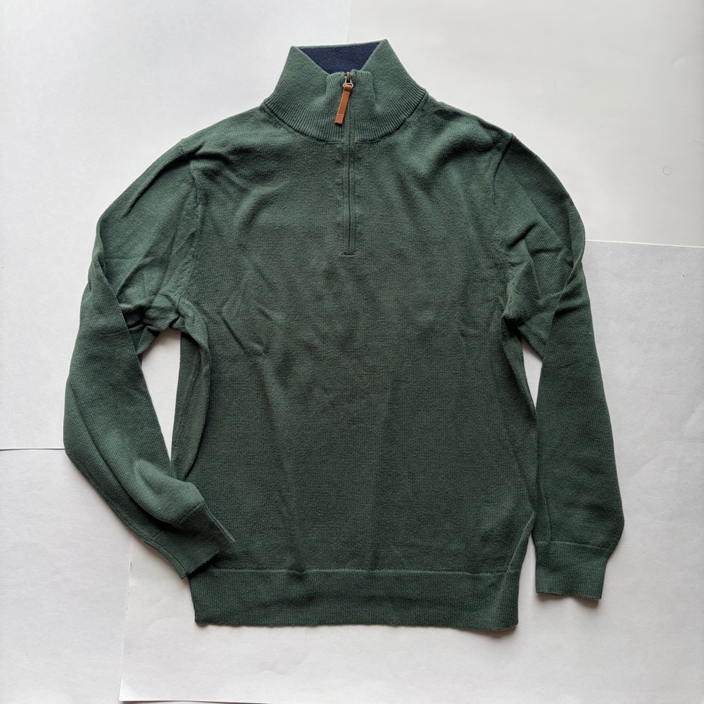 J. Crew Men's Half-Zip Sweater in Forest Green with Leather Pull